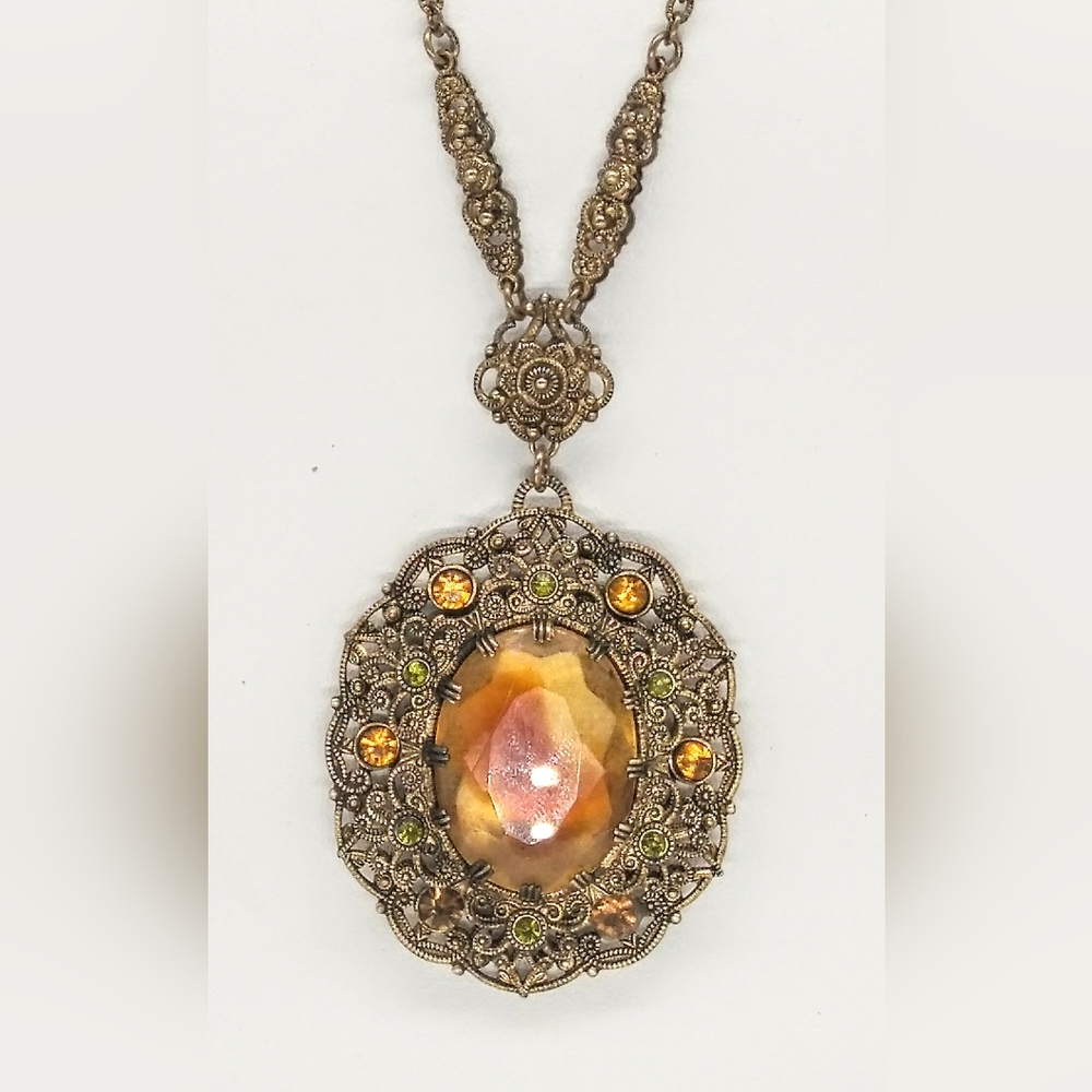 Vintage Designer Signed Western Germany Topaz & Peridot Brass Filigree Necklace